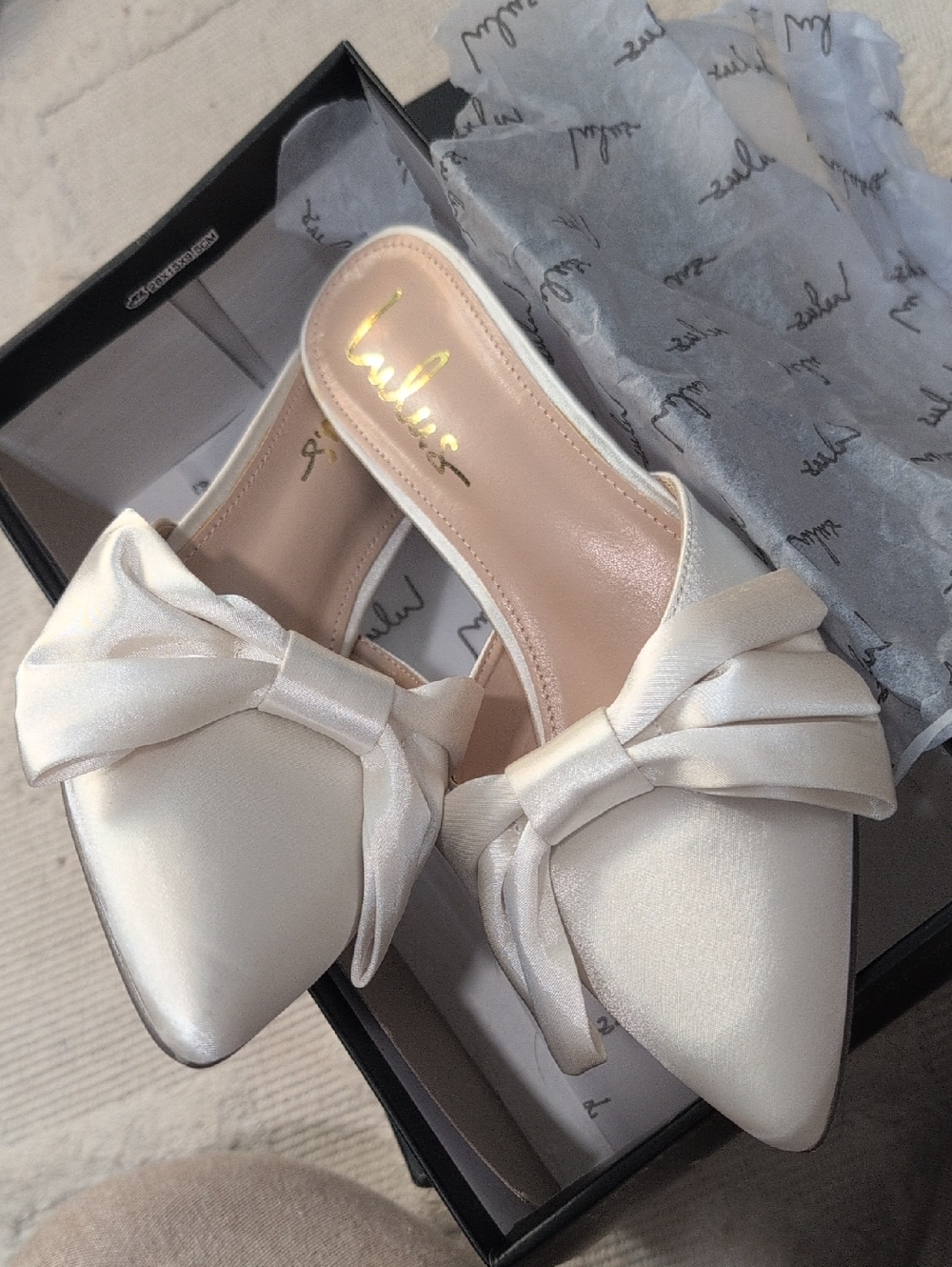 Lulu's Ivory Satin Bow Pointed Mules - Slip-On Bridal Flats